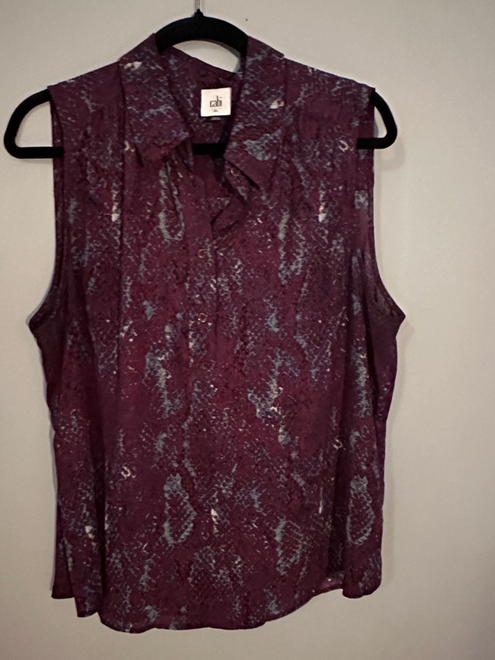 CAbi Purple Snake-Print Sleeveless Button Front Top